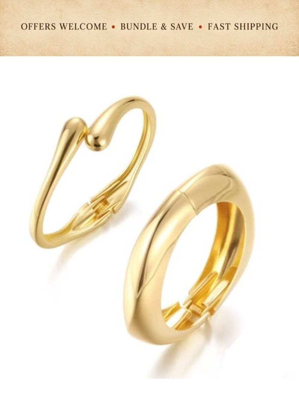 Chunky Gold Alloy Bangle Bracelet Set Stackable 2-Piece
